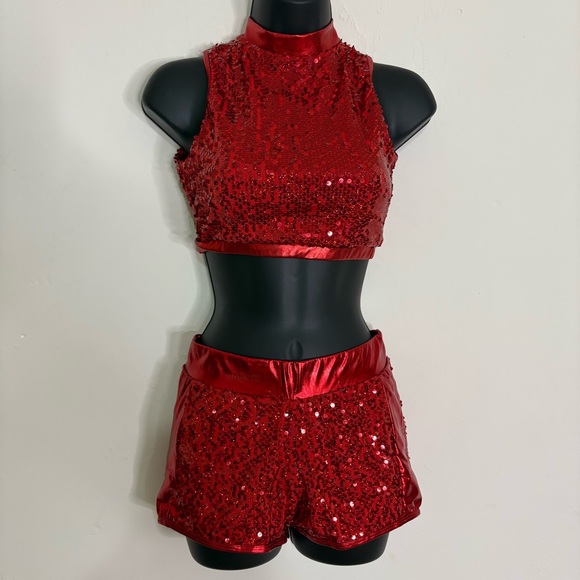 Double Platinum Red Sequin 2 Piece Dance/Cheer Costume - Adult Small - Picture 1 of 14